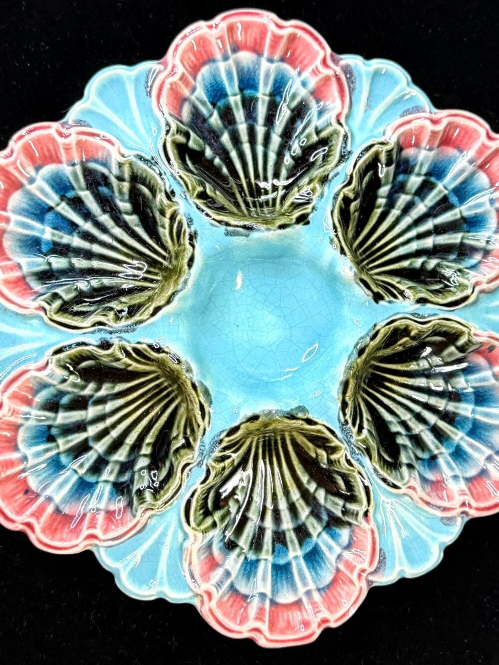 Antique French Fives-Lille Majolica Oyster Plate Turquoise Pink c1890 A1246